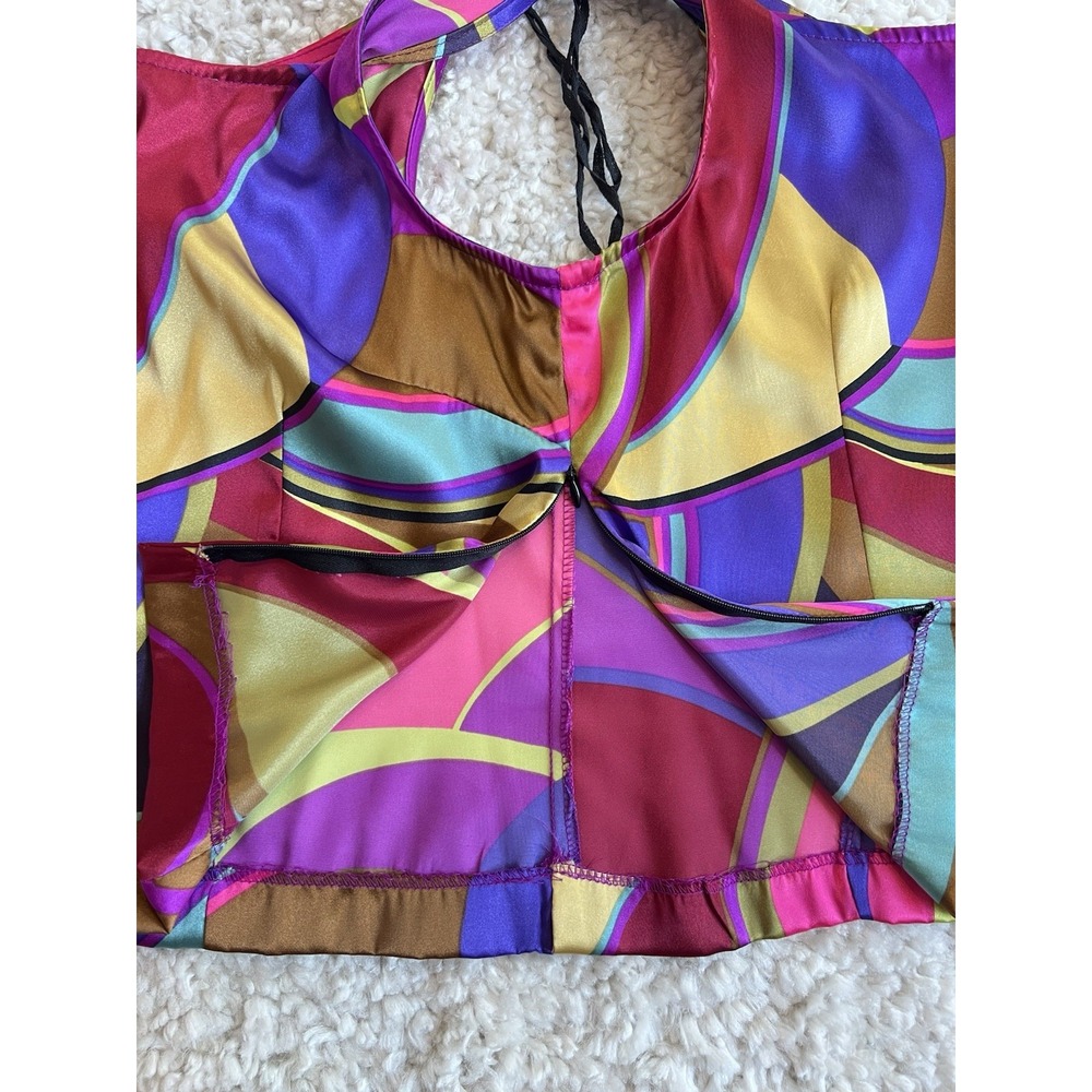 Vtg Womens Satin Psychedelic Colorful Bold Swirl Cropped Tank 12 Retro Geometric - Picture 4 of 7